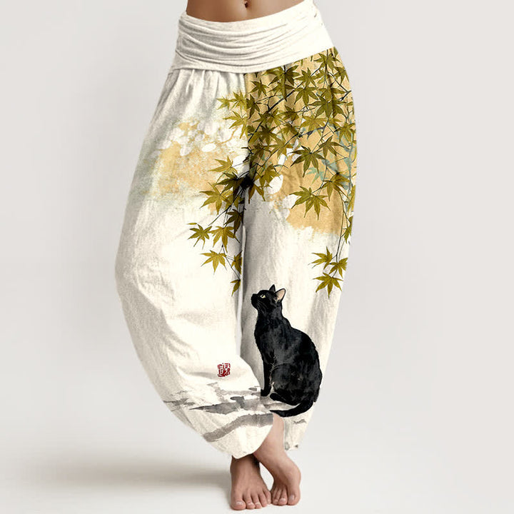 Buddha Stones Pantalones harem de algodón con estampado de hoja de arce y gato para mujer, cintura elástica. - vara de oro - US16，UK/AU20，EU48 (3XL) - image 8