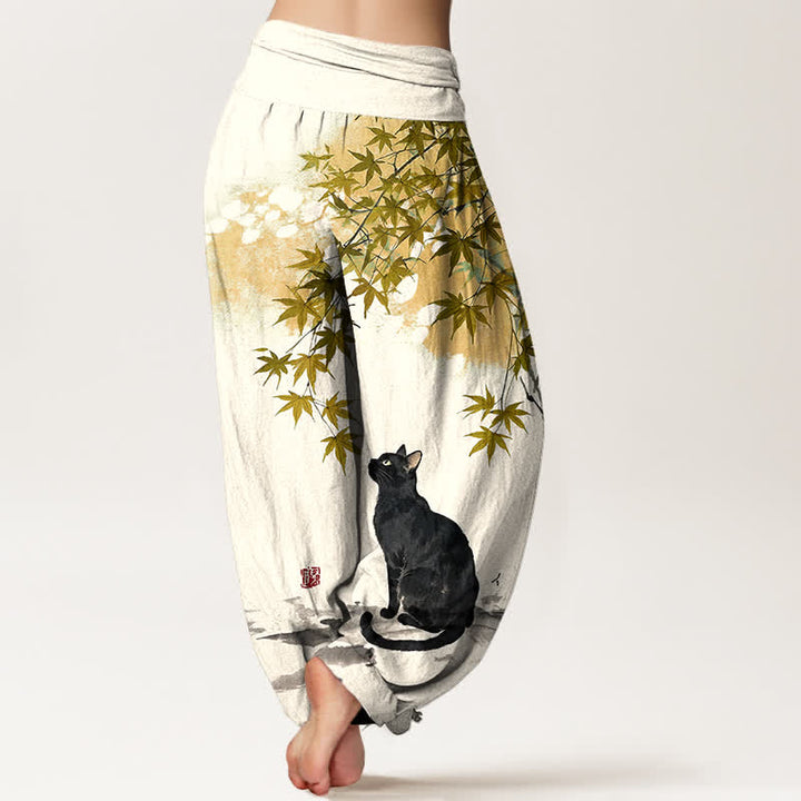 Buddha Stones Pantalones harem de algodón con estampado de hoja de arce y gato para mujer, cintura elástica. - image 10