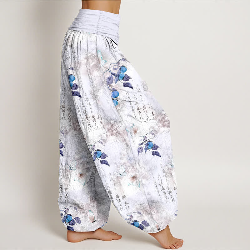 Buddha Stones Pantalones harem de mujer con cintura elástica y estampado de mariposas cítricas con caligrafía en tinta de algodón. - image 6