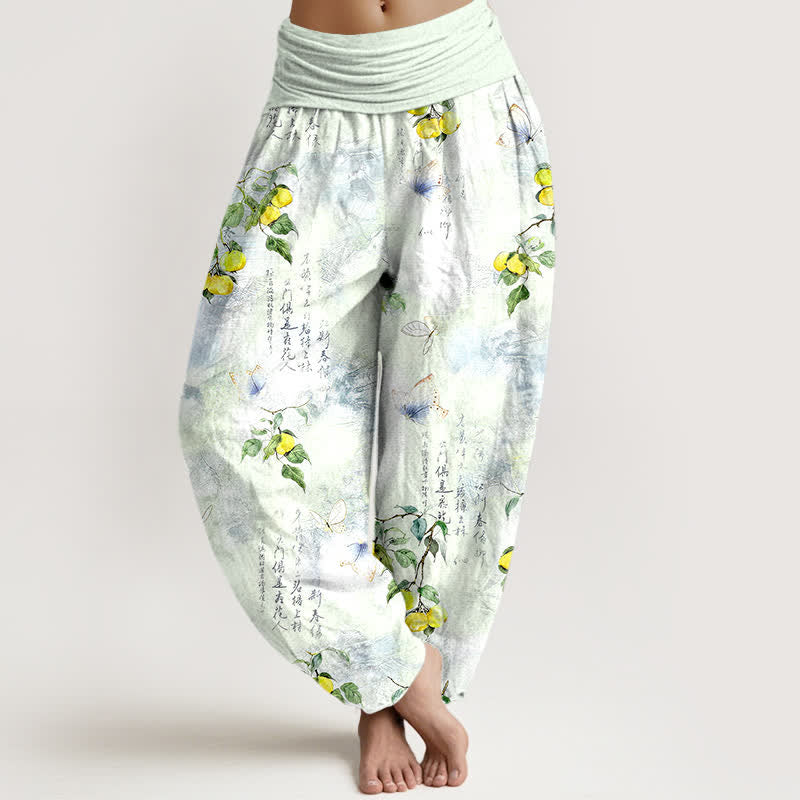 Buddha Stones Pantalones harem de mujer con cintura elástica y estampado de mariposas cítricas con caligrafía en tinta de algodón. - Gotas de miel - US16，UK/AU20，EU48 (3XL) - image 8