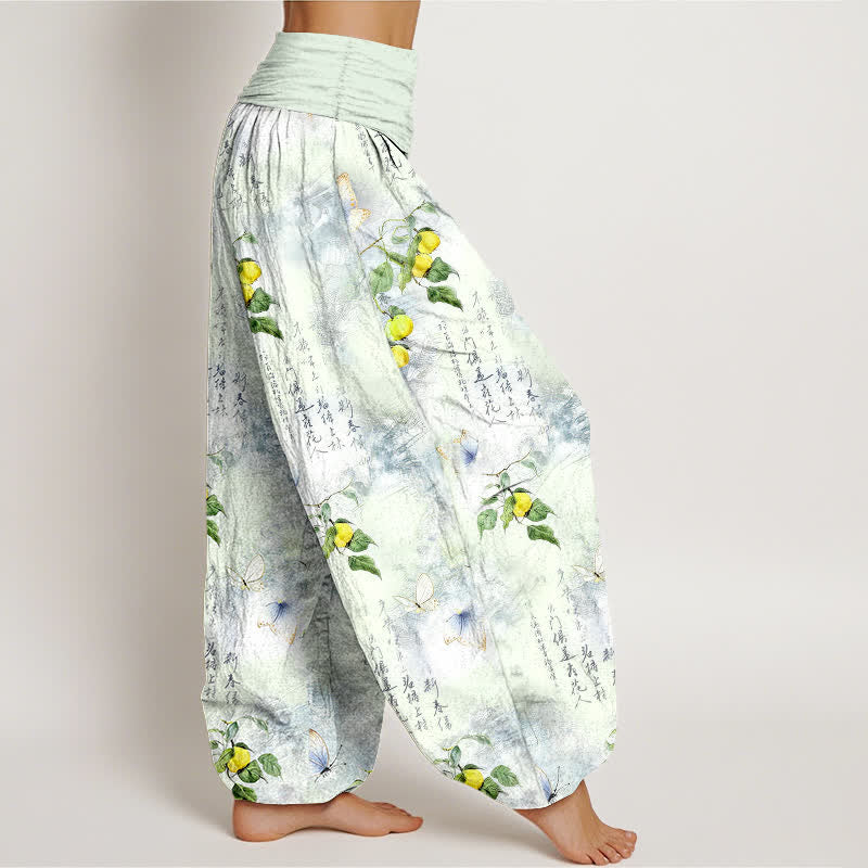 Buddha Stones Pantalones harem de mujer con cintura elástica y estampado de mariposas cítricas con caligrafía en tinta de algodón. - image 9