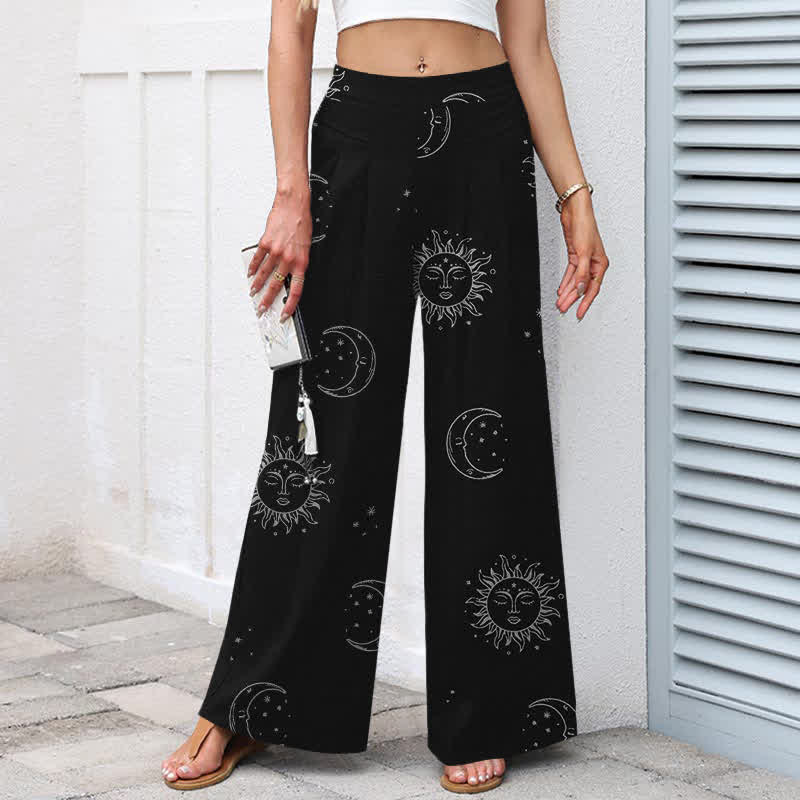 Buddha Stones Pantalones de mujer de lino y algodón con estampado de sol y luna celestiales, cintura elástica, pernera ancha y bolsillos. - image 1