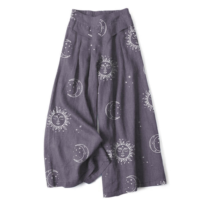 Buddha Stones Pantalones de mujer de lino y algodón con estampado de sol y luna celestiales, cintura elástica, pernera ancha y bolsillos. - Gris pizarra - US16，UK/AU20，EU48 (3XL) - image 4