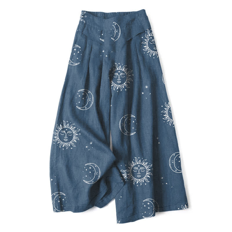 Buddha Stones Pantalones de mujer de lino y algodón con estampado de sol y luna celestiales, cintura elástica, pernera ancha y bolsillos. - Azul acero - US16，UK/AU20，EU48 (3XL) - image 6