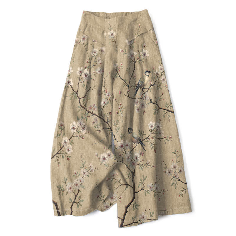 Buddha Stones Pantalones de mujer de algodón y lino con estampado floral vintage de pájaros, cintura elástica y pernera ancha con bolsillos. - Broncearse - US16，UK/AU20，EU48 (3XL) - image 4