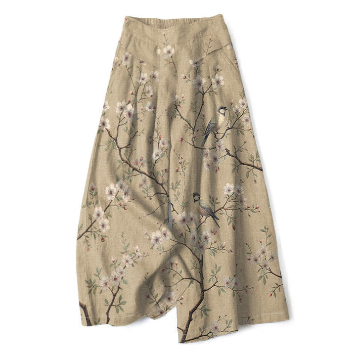 Buddha Stones Pantalones de mujer de algodón y lino con estampado floral vintage de pájaros, cintura elástica y pernera ancha con bolsillos. - Broncearse - US16，UK/AU20，EU48 (3XL) - image 4