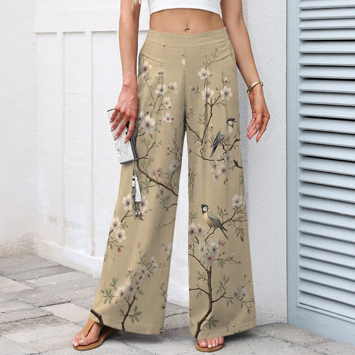 Buddha Stones Pantalones de mujer de algodón y lino con estampado floral vintage de pájaros, cintura elástica y pernera ancha con bolsillos. - image 5