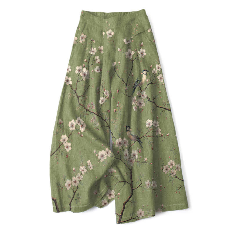 Buddha Stones Pantalones de mujer de algodón y lino con estampado floral vintage de pájaros, cintura elástica y pernera ancha con bolsillos. - Verde oliva - US16，UK/AU20，EU48 (3XL) - image 6