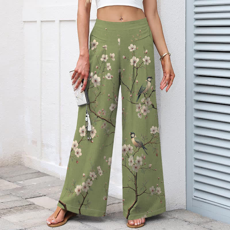 Buddha Stones Pantalones de mujer de algodón y lino con estampado floral vintage de pájaros, cintura elástica y pernera ancha con bolsillos. - image 7