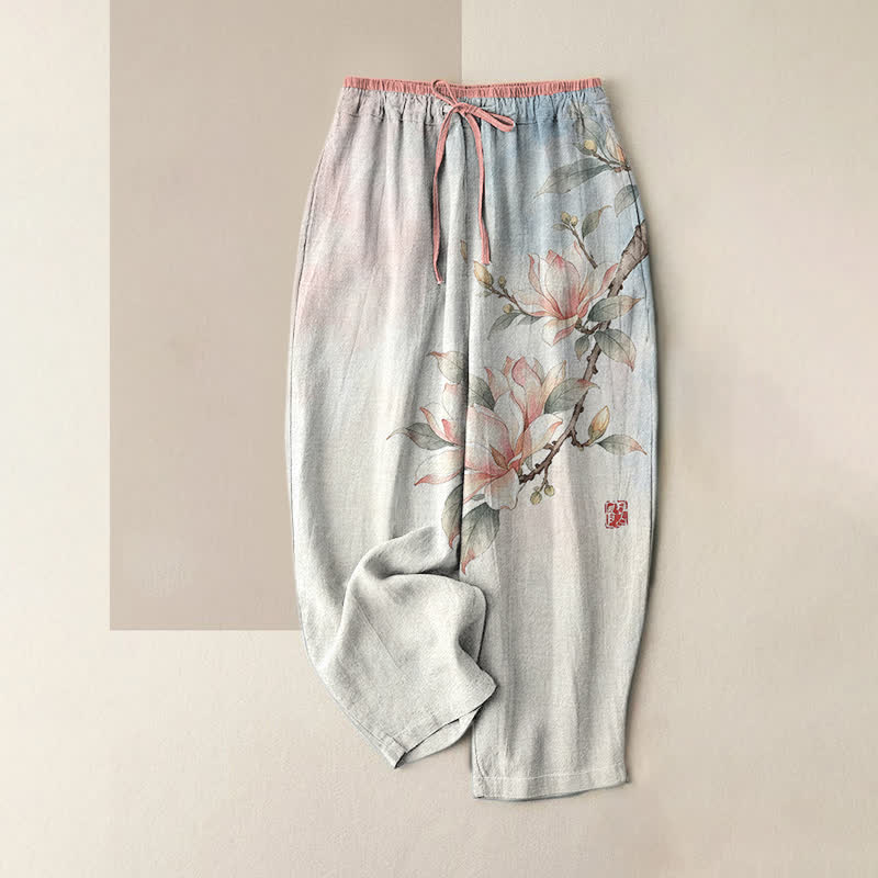 Buddha Stones Pantalones de mujer de algodón puro con estampado de magnolias y cintura elástica con bolsillos. - Rosa - US16，UK/AU20，EU48 (3XL) - image 3