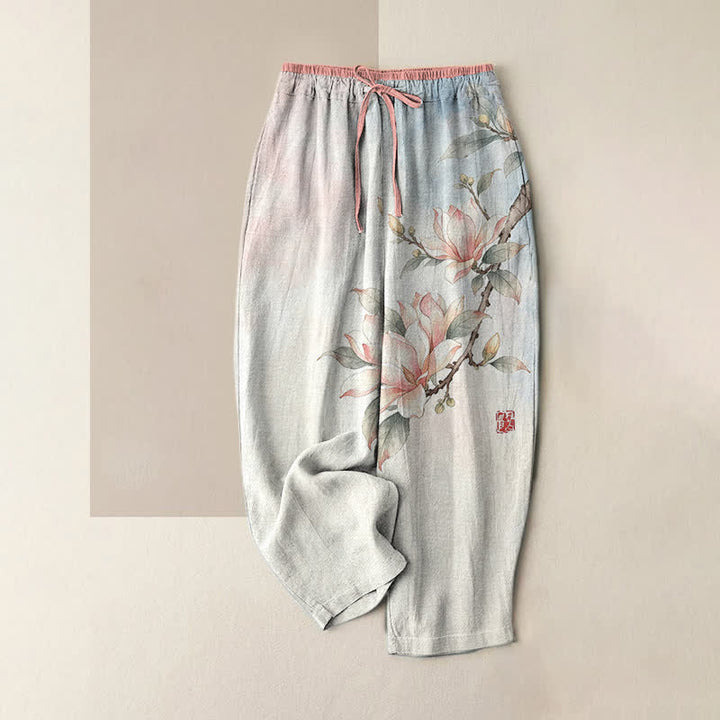 Buddha Stones Pantalones de mujer de algodón puro con estampado de magnolias y cintura elástica con bolsillos. - Rosa - US16，UK/AU20，EU48 (3XL) - image 3