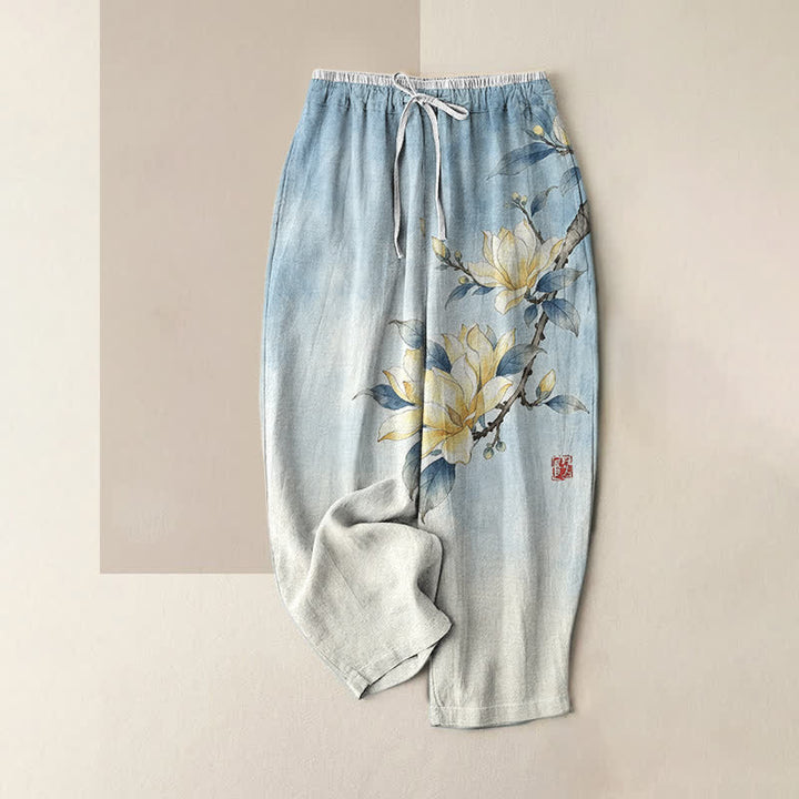 Buddha Stones Pantalones de mujer de algodón puro con estampado de magnolias y cintura elástica con bolsillos. - Azul cielo claro - US16，UK/AU20，EU48 (3XL) - image 4