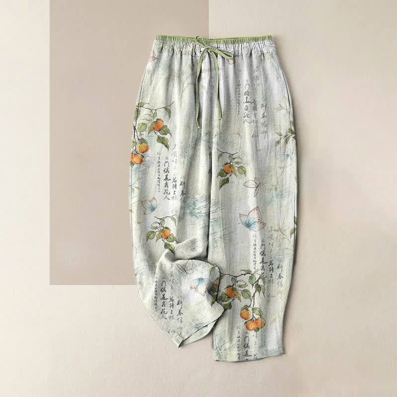 Buddha Stones Pantalones de mujer de algodón puro con estampado de mariposas cítricas orientales y cintura elástica con bolsillos. - Gotas de miel - US16，UK/AU20，EU48 (3XL) - image 0
