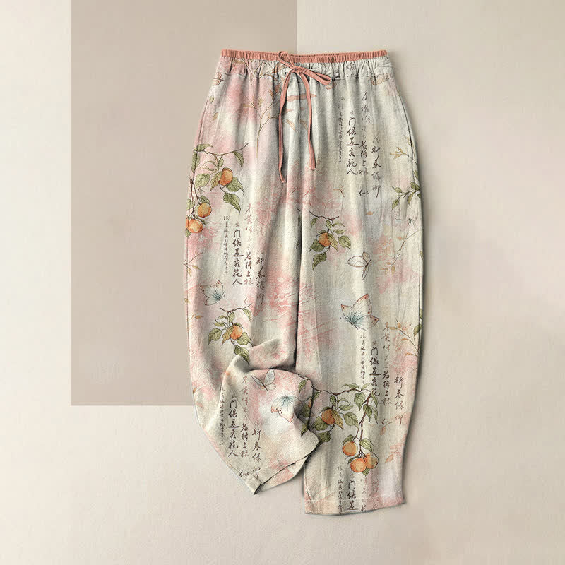 Buddha Stones Pantalones de mujer de algodón puro con estampado de mariposas cítricas orientales y cintura elástica con bolsillos. - Rubor lavanda - US16，UK/AU20，EU48 (3XL) - image 3