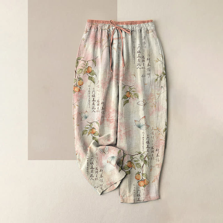 Buddha Stones Pantalones de mujer de algodón puro con estampado de mariposas cítricas orientales y cintura elástica con bolsillos. - Rubor lavanda - US16，UK/AU20，EU48 (3XL) - image 3