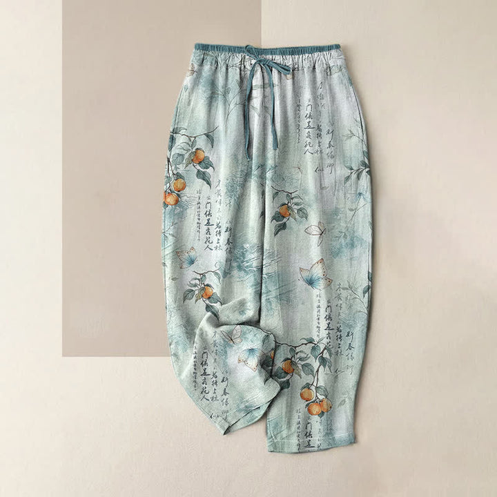 Buddha Stones Pantalones de mujer de algodón puro con estampado de mariposas cítricas orientales y cintura elástica con bolsillos. - Turquesa pálido - US16，UK/AU20，EU48 (3XL) - image 4