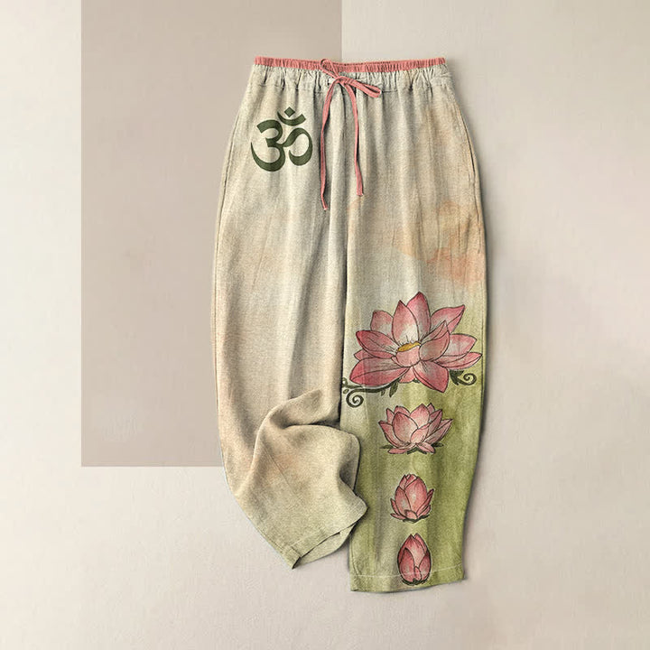 Buddha Stones Pantalones de mujer de algodón puro con estampado Zen Om Lotus Bloom, cintura elástica y bolsillos. - vara de oro pálida - US16，UK/AU20，EU48 (3XL) - image 3
