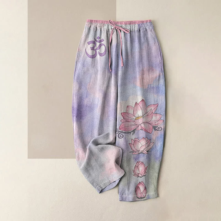 Buddha Stones Pantalones de mujer de algodón puro con estampado Zen Om Lotus Bloom, cintura elástica y bolsillos. - Morado medio - US16，UK/AU20，EU48 (3XL) - image 4