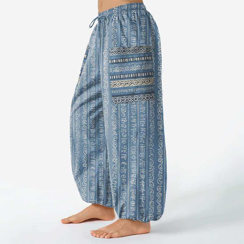 Buddha Stones Pantalones harem de algodón con estampado geométrico étnico de rayas y cintura elástica para mujer, con bolsillos laterales. - image 1