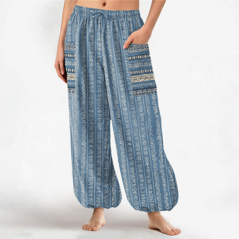 Buddha Stones Pantalones harem de algodón con estampado geométrico étnico de rayas y cintura elástica para mujer, con bolsillos laterales. - Celeste - US16，UK/AU20，EU48 (3XL) - image 0