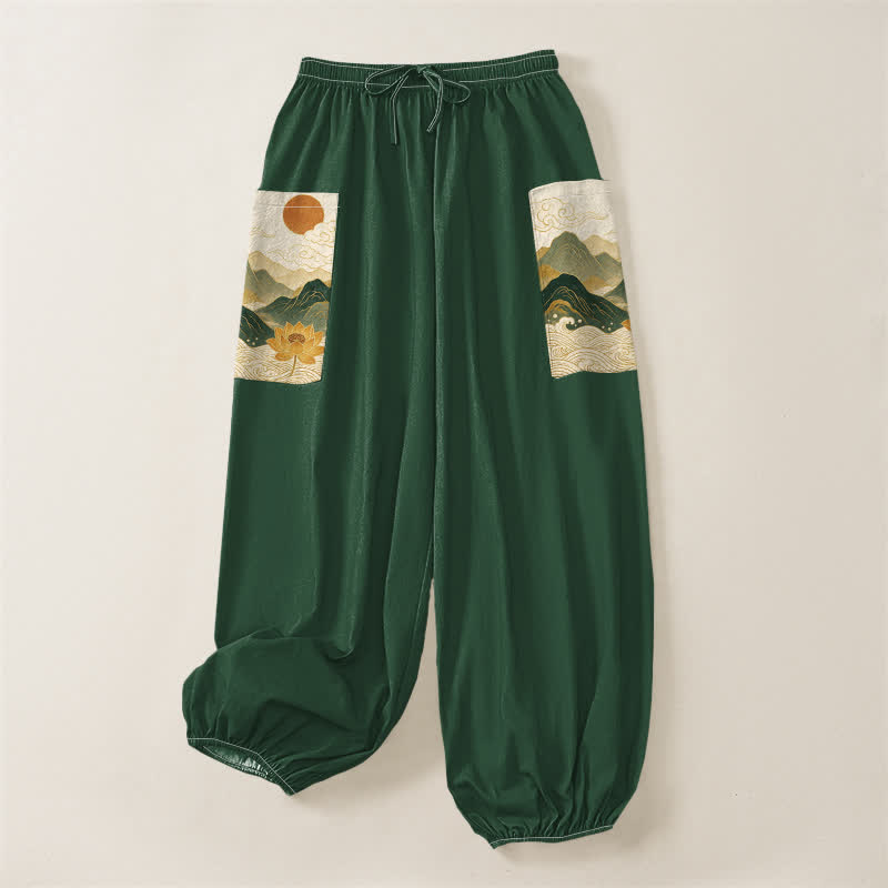 Buddha Stones Pantalones harem de algodón con estampado de loto de montaña oriental para mujer, cintura elástica y bolsillos laterales. - image 3