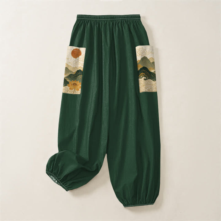 Buddha Stones Pantalones harem de algodón con estampado de loto de montaña oriental para mujer, cintura elástica y bolsillos laterales. - image 4