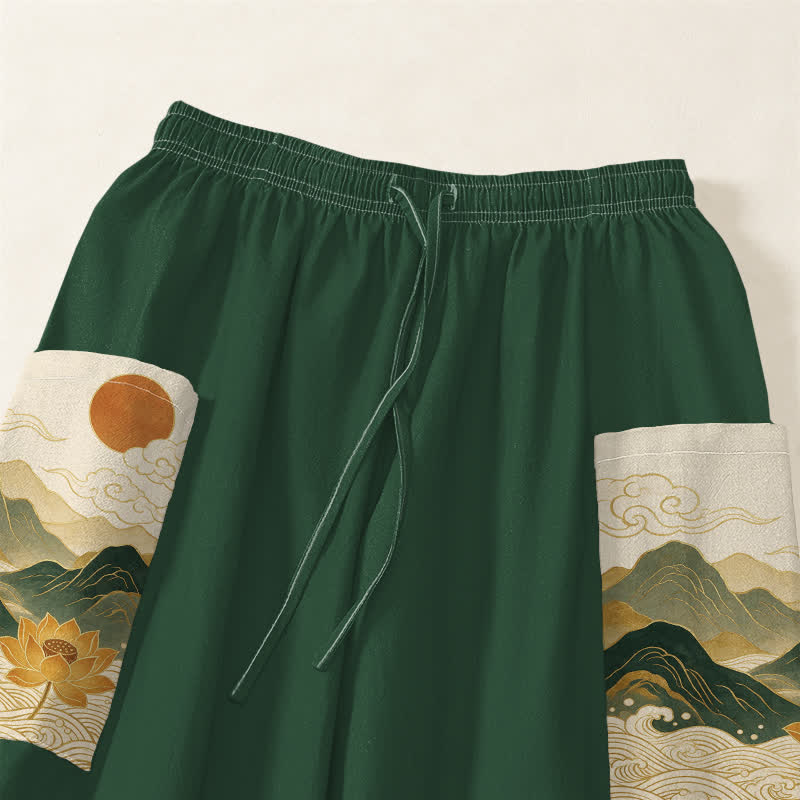 Buddha Stones Pantalones harem de algodón con estampado de loto de montaña oriental para mujer, cintura elástica y bolsillos laterales. - image 5