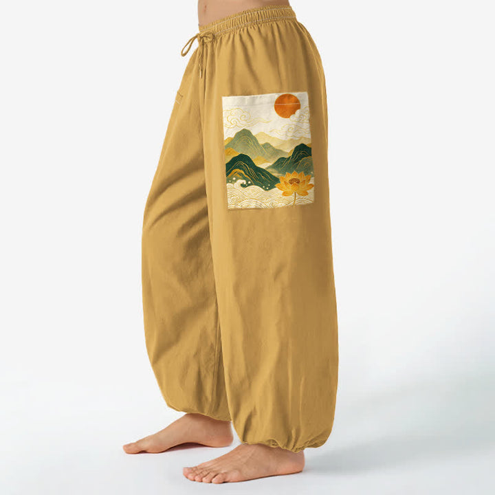 Buddha Stones Pantalones harem de algodón con estampado de loto de montaña oriental para mujer, cintura elástica y bolsillos laterales. - vara de oro - US16，UK/AU20，EU48 (3XL) - image 7