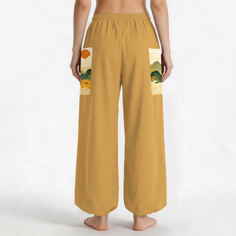 Buddha Stones Pantalones harem de algodón con estampado de loto de montaña oriental para mujer, cintura elástica y bolsillos laterales. - image 9