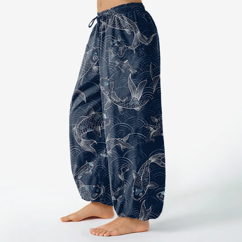 Buddha Stones Pantalones harem de algodón con estampado de ondas Zen Koi para mujer, cintura elástica y bolsillos laterales. - image 1
