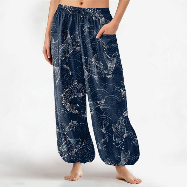 Buddha Stones Pantalones harem de algodón con estampado de ondas Zen Koi para mujer, cintura elástica y bolsillos laterales. - Marina de guerra - US16，UK/AU20，EU48 (3XL) - image 0