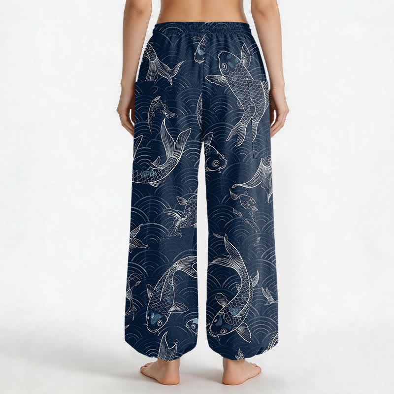 Buddha Stones Pantalones harem de algodón con estampado de ondas Zen Koi para mujer, cintura elástica y bolsillos laterales. - image 2