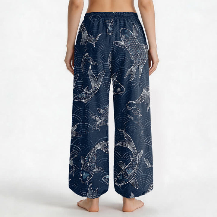 Buddha Stones Pantalones harem de algodón con estampado de ondas Zen Koi para mujer, cintura elástica y bolsillos laterales. - image 2