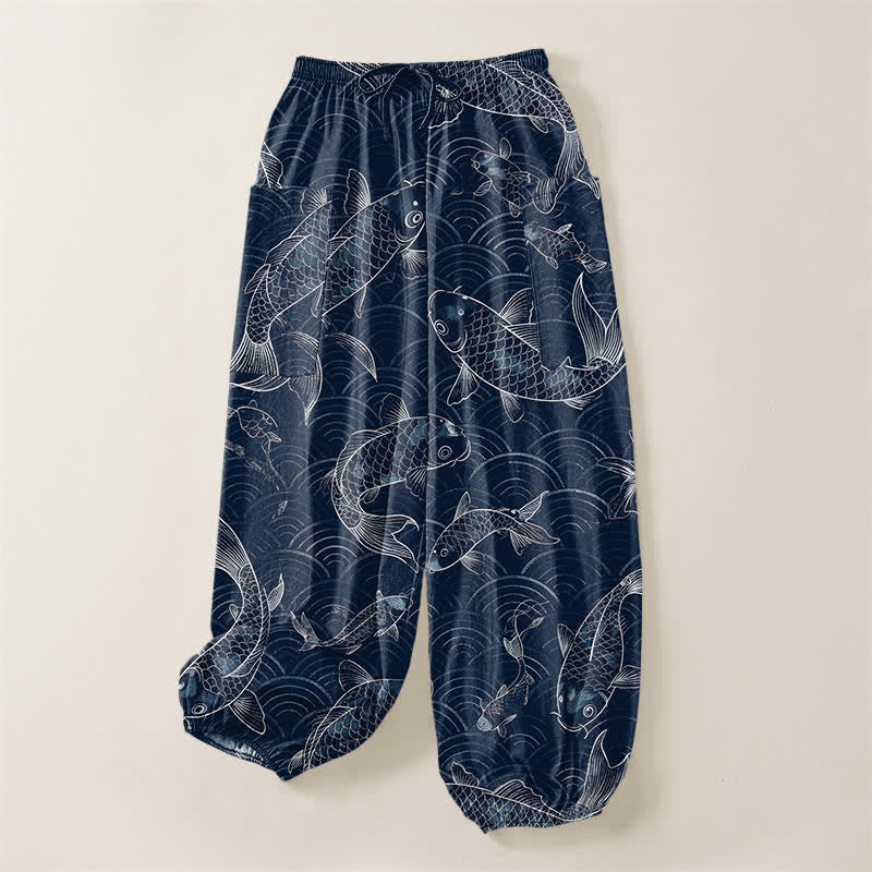 Buddha Stones Pantalones harem de algodón con estampado de ondas Zen Koi para mujer, cintura elástica y bolsillos laterales. - image 3
