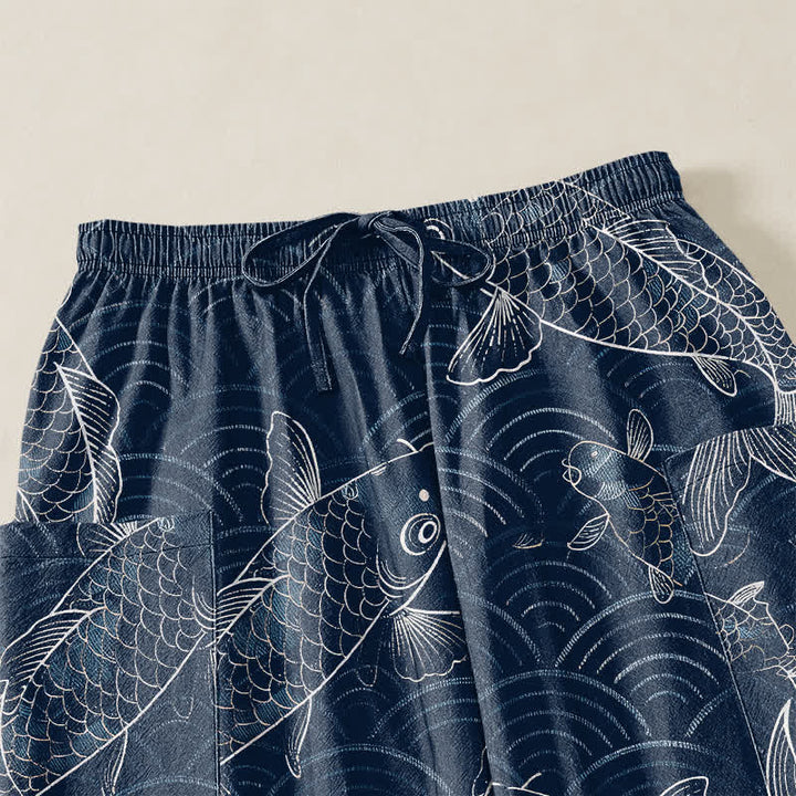 Buddha Stones Pantalones harem de algodón con estampado de ondas Zen Koi para mujer, cintura elástica y bolsillos laterales. - image 5
