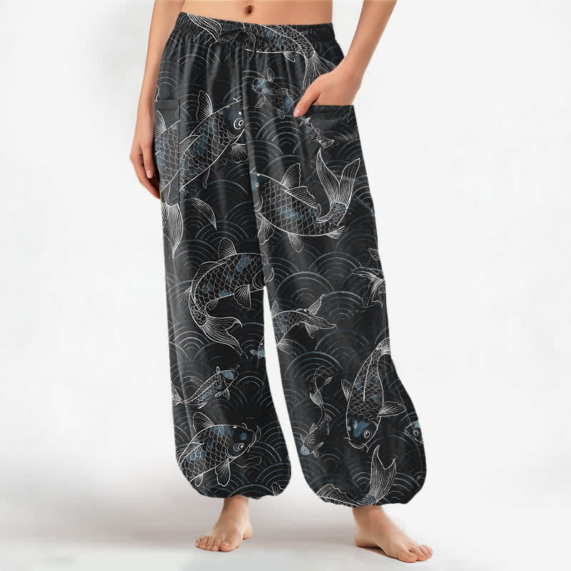 Buddha Stones Pantalones harem de algodón con estampado de ondas Zen Koi para mujer, cintura elástica y bolsillos laterales. - Negro - US16，UK/AU20，EU48 (3XL) - image 7
