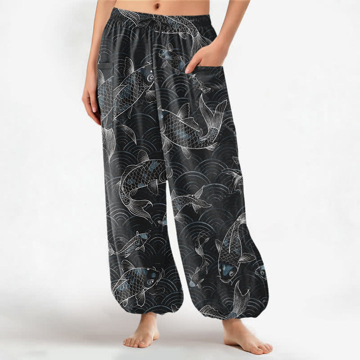 Buddha Stones Pantalones harem de algodón con estampado de ondas Zen Koi para mujer, cintura elástica y bolsillos laterales. - Negro - US16，UK/AU20，EU48 (3XL) - image 7