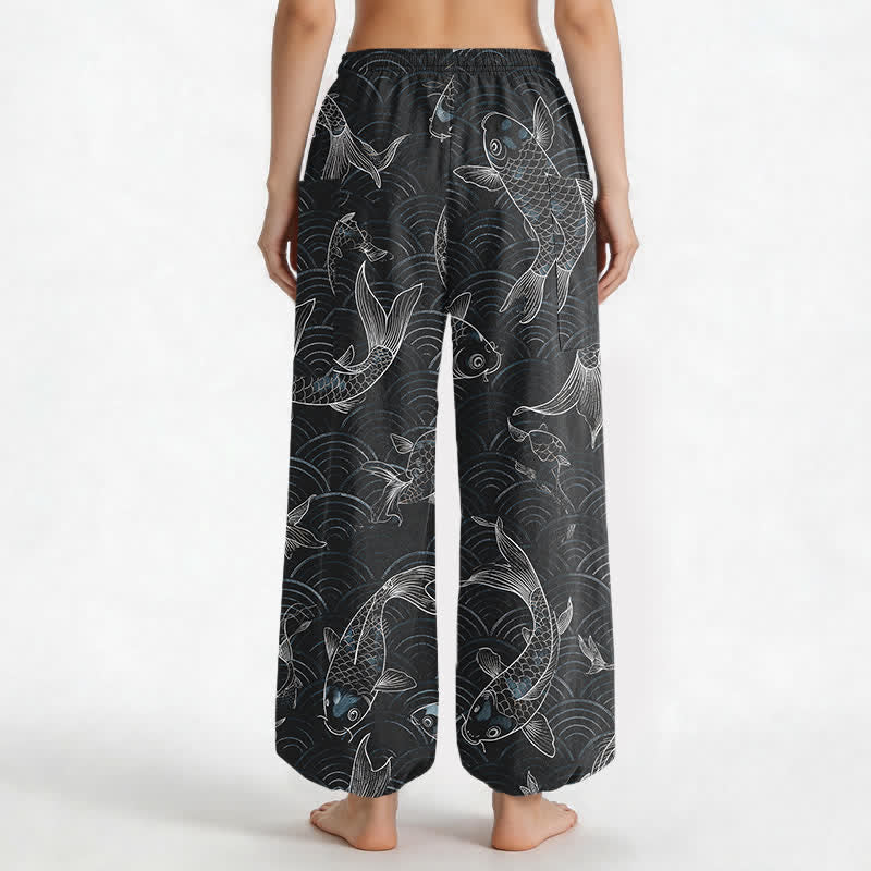Buddha Stones Pantalones harem de algodón con estampado de ondas Zen Koi para mujer, cintura elástica y bolsillos laterales. - image 9