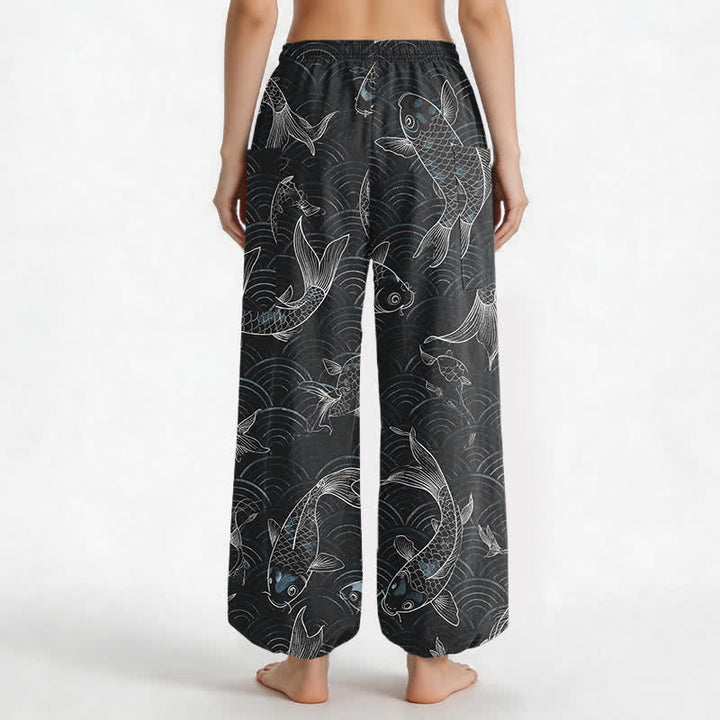 Buddha Stones Pantalones harem de algodón con estampado de ondas Zen Koi para mujer, cintura elástica y bolsillos laterales. - image 9