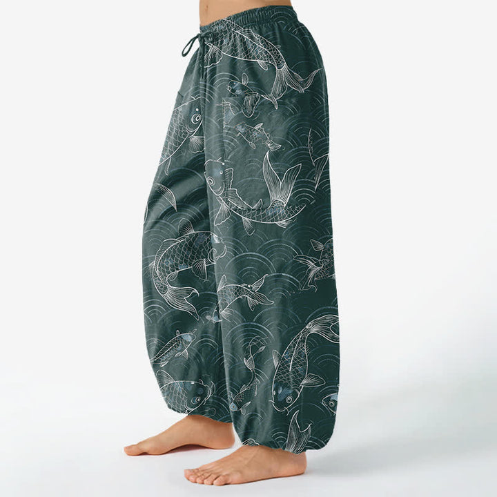 Buddha Stones Pantalones harem de algodón con estampado de ondas Zen Koi para mujer, cintura elástica y bolsillos laterales. - image 11