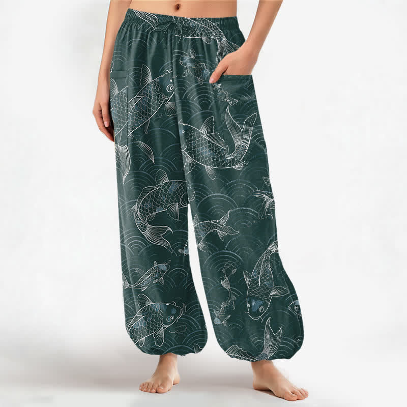 Buddha Stones Pantalones harem de algodón con estampado de ondas Zen Koi para mujer, cintura elástica y bolsillos laterales. - Verde azulado - US16，UK/AU20，EU48 (3XL) - image 10