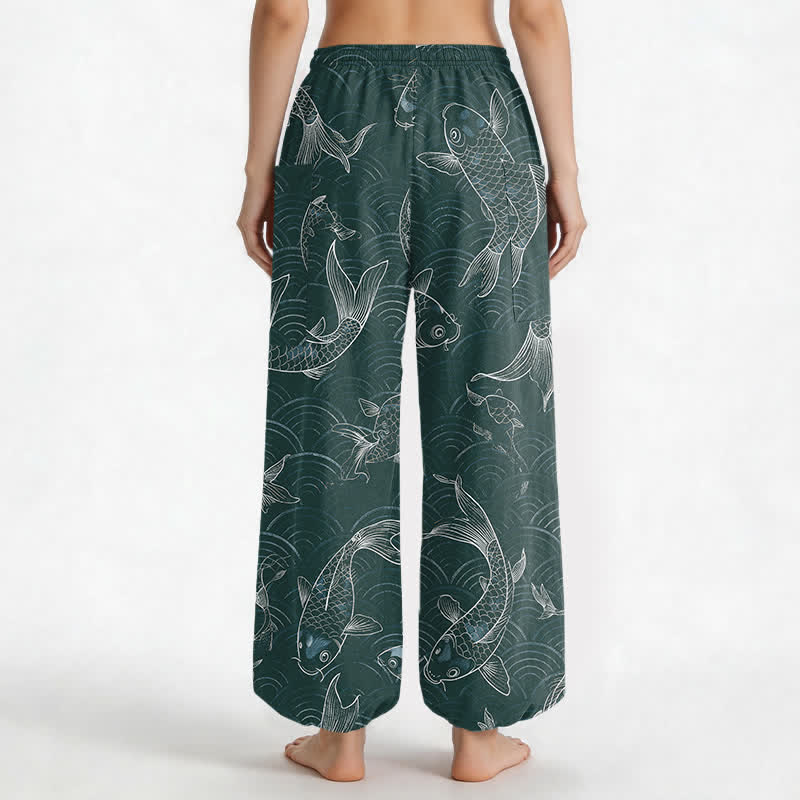 Buddha Stones Pantalones harem de algodón con estampado de ondas Zen Koi para mujer, cintura elástica y bolsillos laterales. - image 12