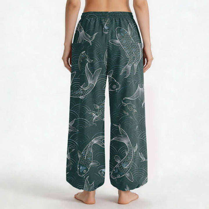 Buddha Stones Pantalones harem de algodón con estampado de ondas Zen Koi para mujer, cintura elástica y bolsillos laterales. - image 12