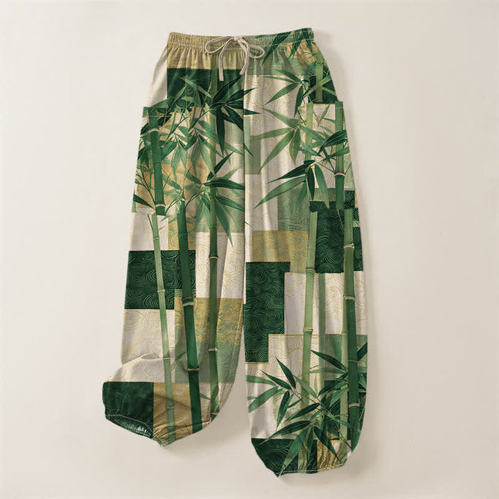 Buddha Stones Pantalones harem de mujer con cintura elástica y bolsillos laterales, estampado patchwork de bambú y algodón. - image 3