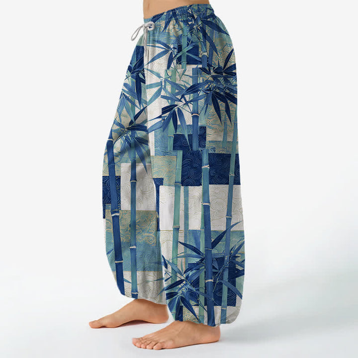 Buddha Stones Pantalones harem de mujer con cintura elástica y bolsillos laterales, estampado patchwork de bambú y algodón. - image 8