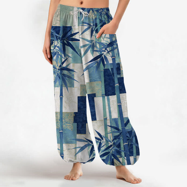 Buddha Stones Pantalones harem de mujer con cintura elástica y bolsillos laterales, estampado patchwork de bambú y algodón. - Azul medio - US16，UK/AU20，EU48 (3XL) - image 7