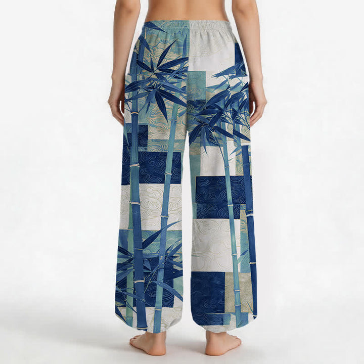 Buddha Stones Pantalones harem de mujer con cintura elástica y bolsillos laterales, estampado patchwork de bambú y algodón. - image 9