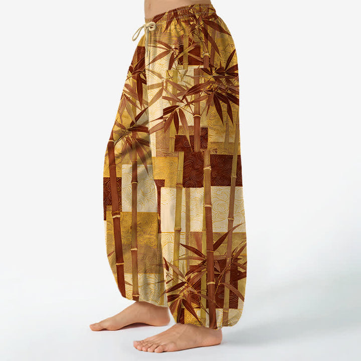 Buddha Stones Pantalones harem de mujer con cintura elástica y bolsillos laterales, estampado patchwork de bambú y algodón. - image 11