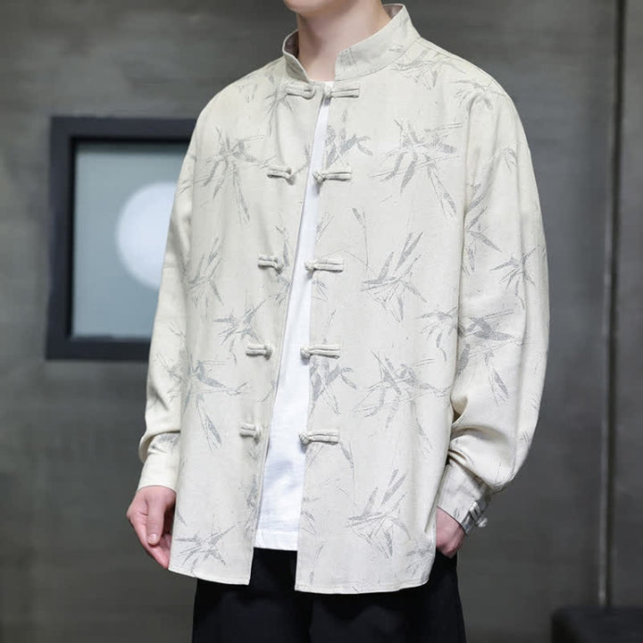 Buddha Stones Camisas de manga larga para hombre con estampado de bambú y botones de rana, estilo casual de primavera. - image 1