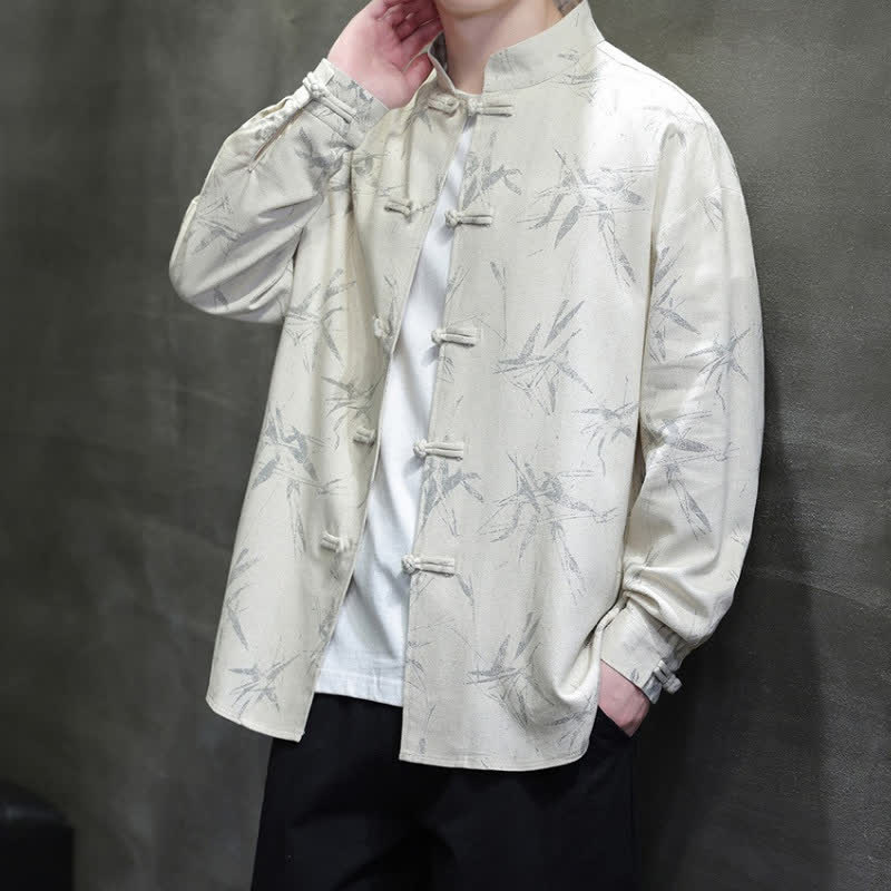 Buddha Stones Camisas de manga larga para hombre con estampado de bambú y botones de rana, estilo casual de primavera. - image 2